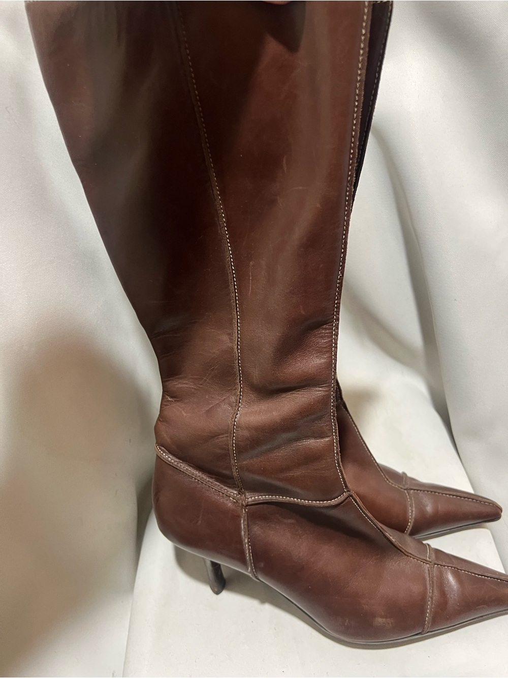 Circa Joan & David Brown Leather Knee High Boots Pointed Toe Kitten Heel Size 9 - Picture 2 of 9